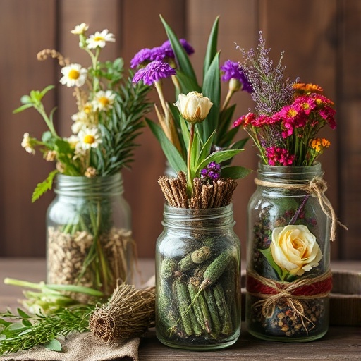 dried herbs in jars for home decor