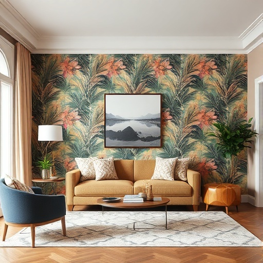 living room with accent wall wallpaper