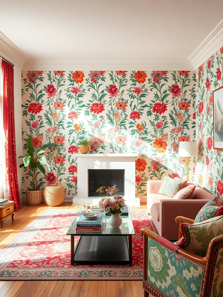 living room with floral wallpaper