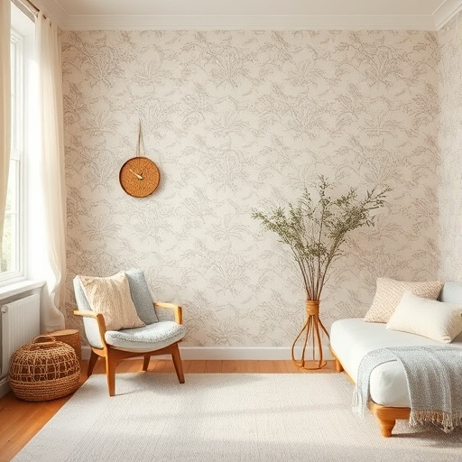 cozy room with fabric wallpaper