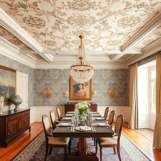 dining room with wallpapered ceiling