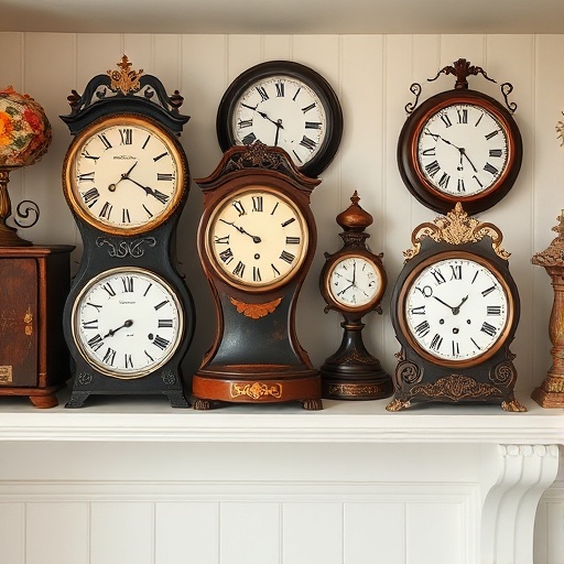 Themed display of antique clocks