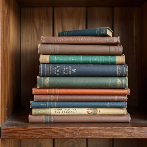 Stack of vintage books on a shelf
