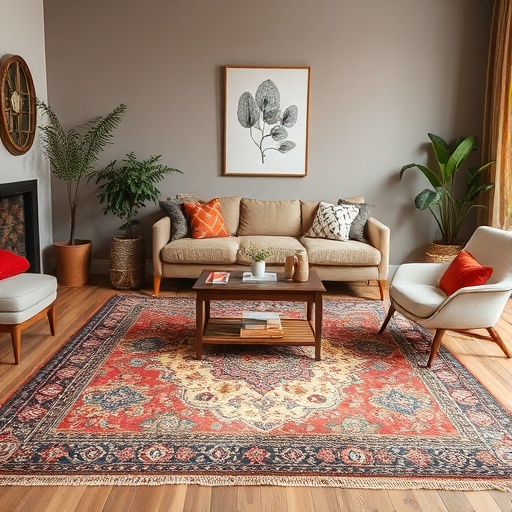 Colorful vintage rug in a living room