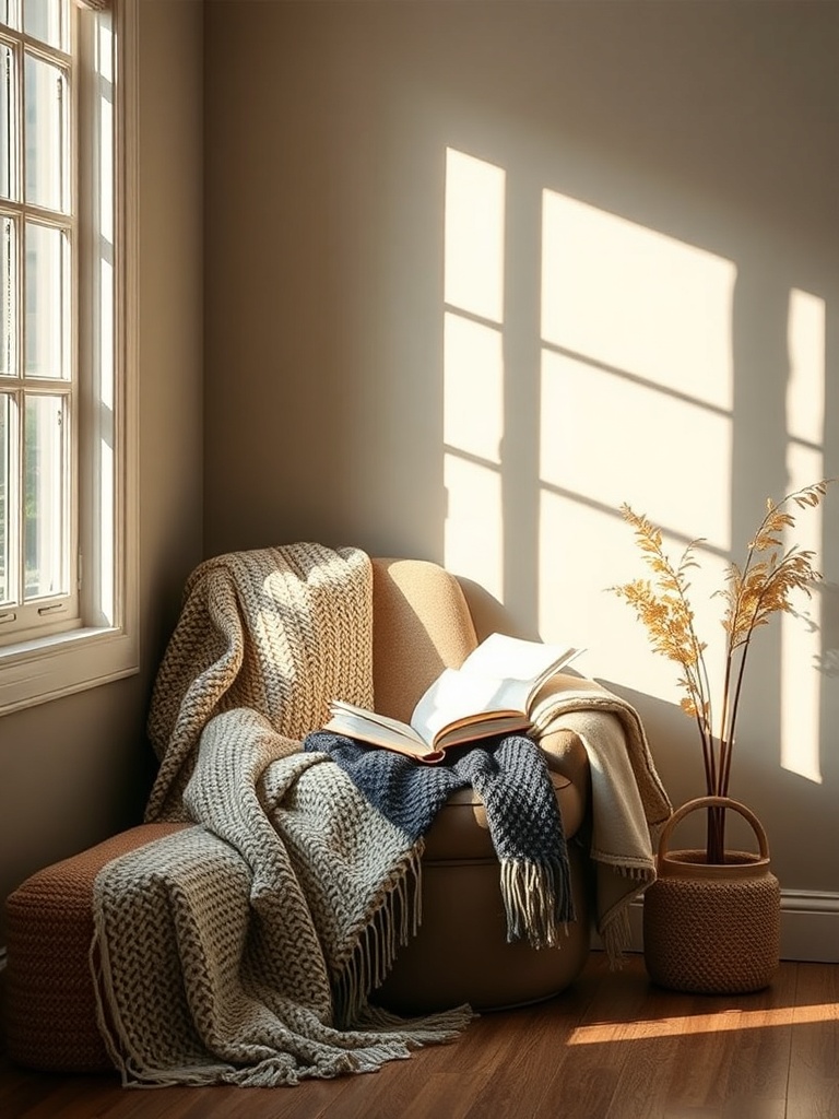 inviting reading nook with chair and blankets