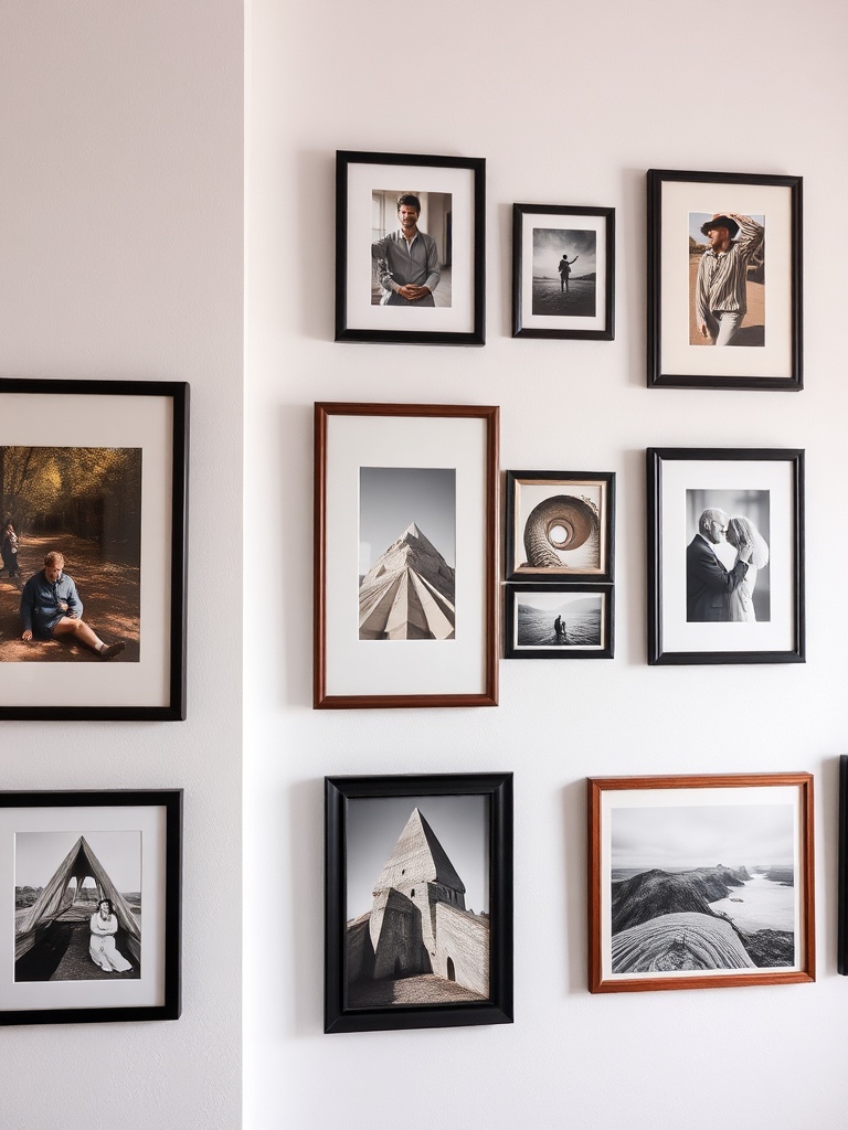 gallery wall with framed art and photos