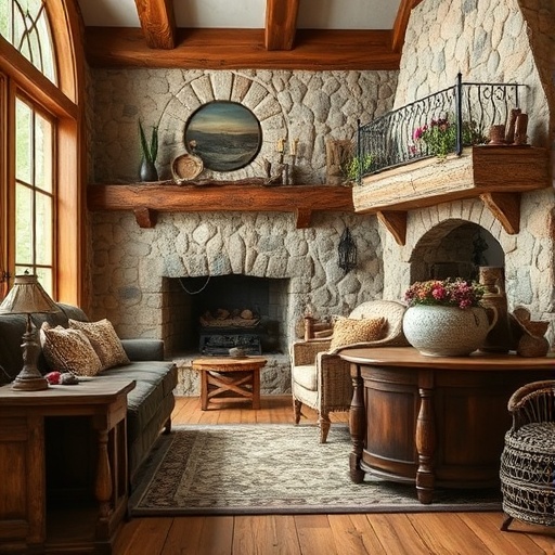 rustic wooden furniture and stone accents