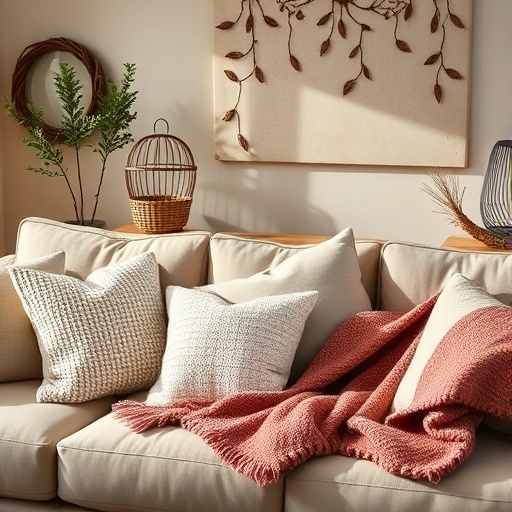 soft cushions and warm blankets on a sofa