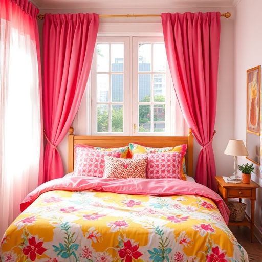 cozy bedroom with colorful bedding