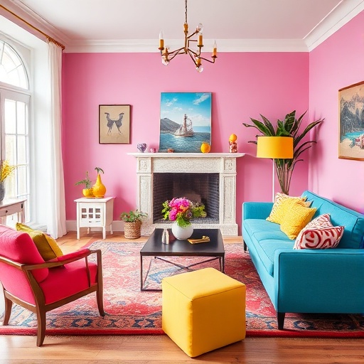 colorful living room with vibrant furniture