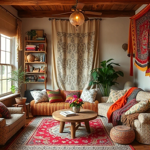 cozy room with colorful textiles