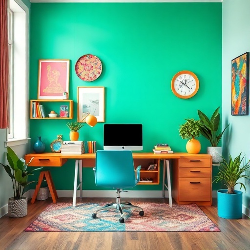 vibrant home office with colorful decor