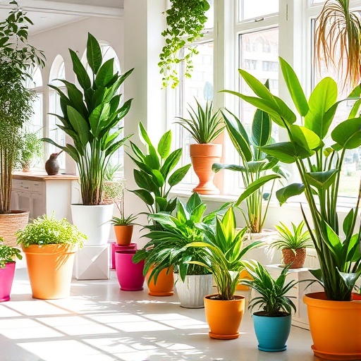 bright space with indoor plants in colorful pots