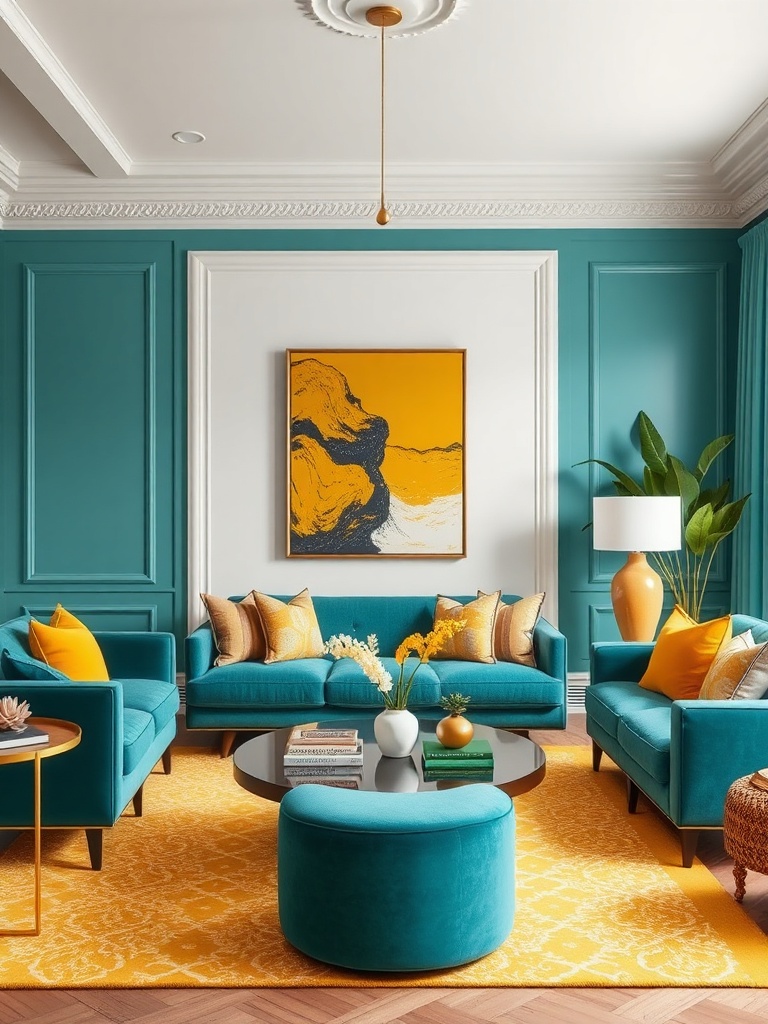 living room with teal and mustard yellow decor