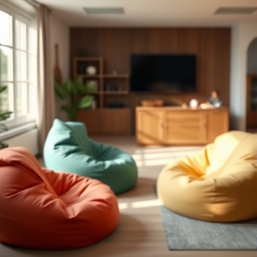 living space with bean bags and inflatable chairs