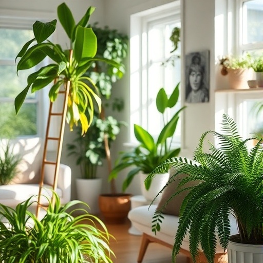 living space with houseplants like pothos and ferns