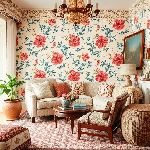 room with floral and geometric patterns