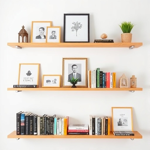 wall-mounted shelves in a small room