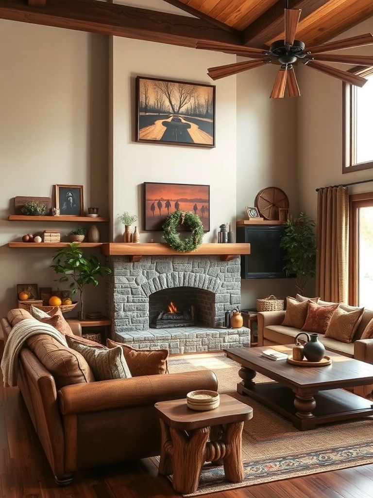cozy Mediterranean living room with wooden furniture