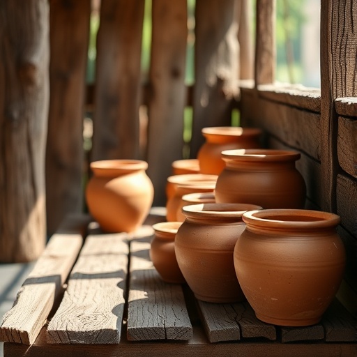 rustic wooden table with clay pots