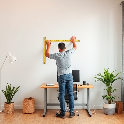 person measuring wall space in home office