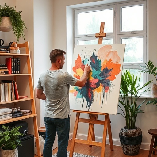 person creating canvas art in home office