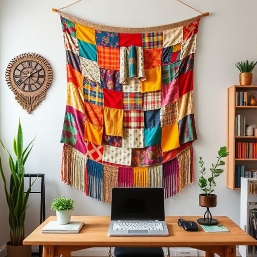 fabric wall hanging in home office