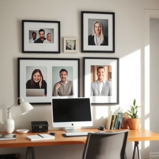 framed personal photos in home office