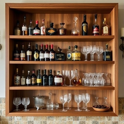 Open shelving with liquor and glassware