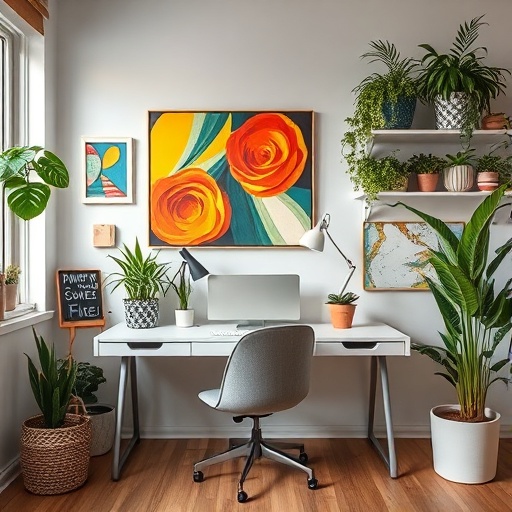 colorful home office decor with art and plants