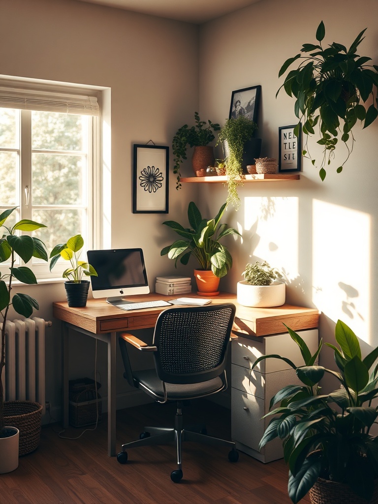 cozy home office with natural light and plants