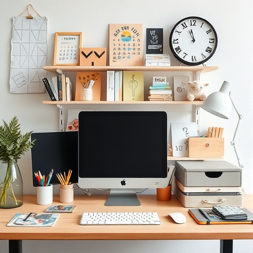 organized desk with supplies and personal items
