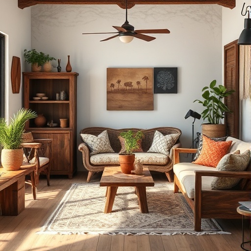 rustic furniture in modern Mexican decor