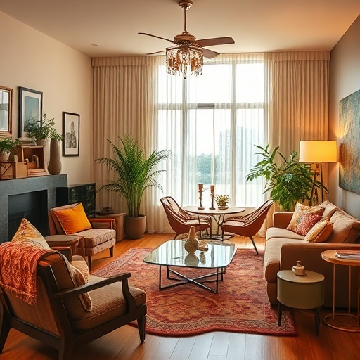 eclectic 70s furniture in a living room