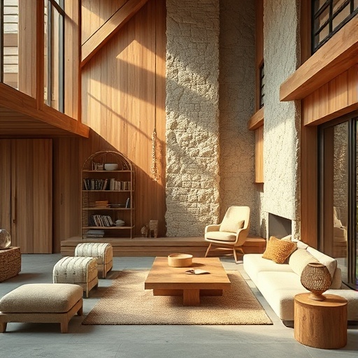 interior with wood and stone materials