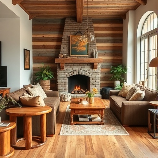 rustic wooden furniture in cozy living space