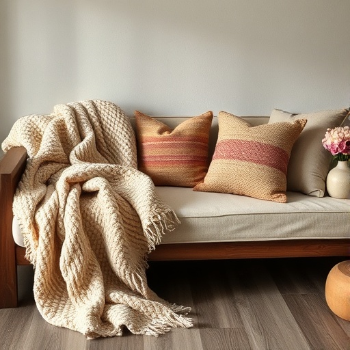 soft blankets and cushions on a rustic sofa