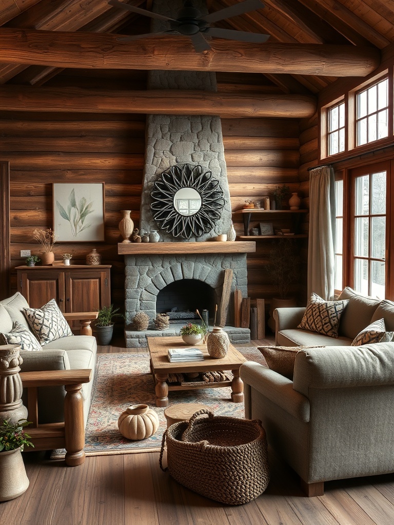 cozy rustic living room with wooden furniture