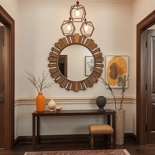 Entryway with decorative mirror and artwork