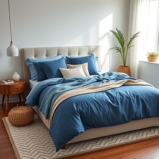 bedroom with blue bedding