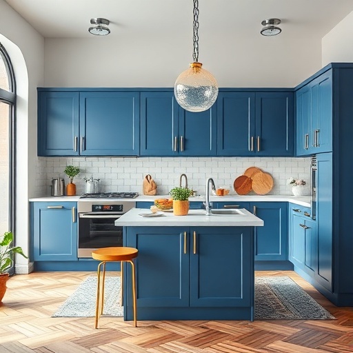 modern kitchen with blue cabinets