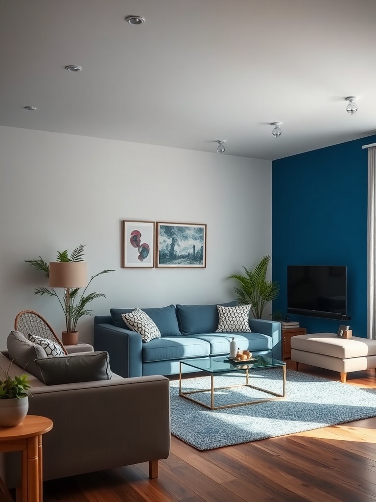 living room with blue accent wall