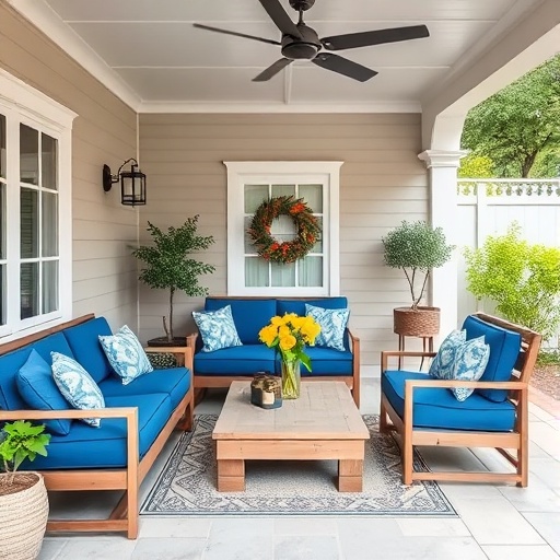 outdoor patio with blue decor