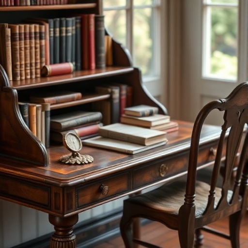 antique desk with books and a chair