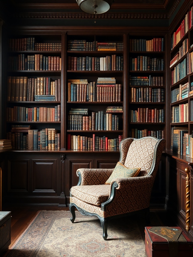 cozy library with vintage armchair and bookshelves