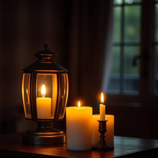 stylish lamp and candles for warm lighting