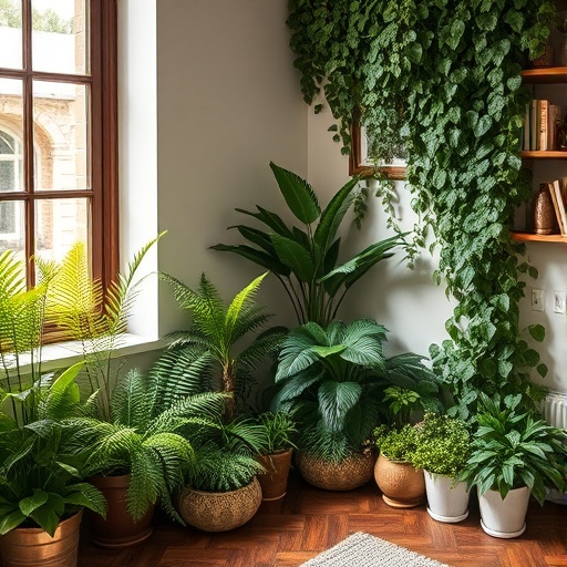 ferns and ivy plants in a cozy room