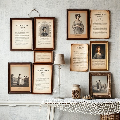 gallery wall with classical art and vintage pages