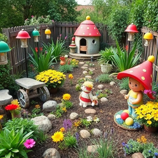 colorful garden with whimsical decor