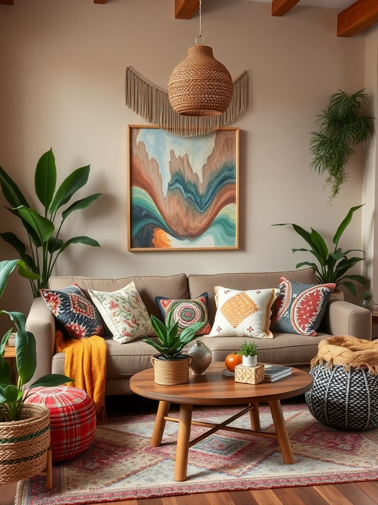 Cozy bohemian living room with colorful cushions and plants